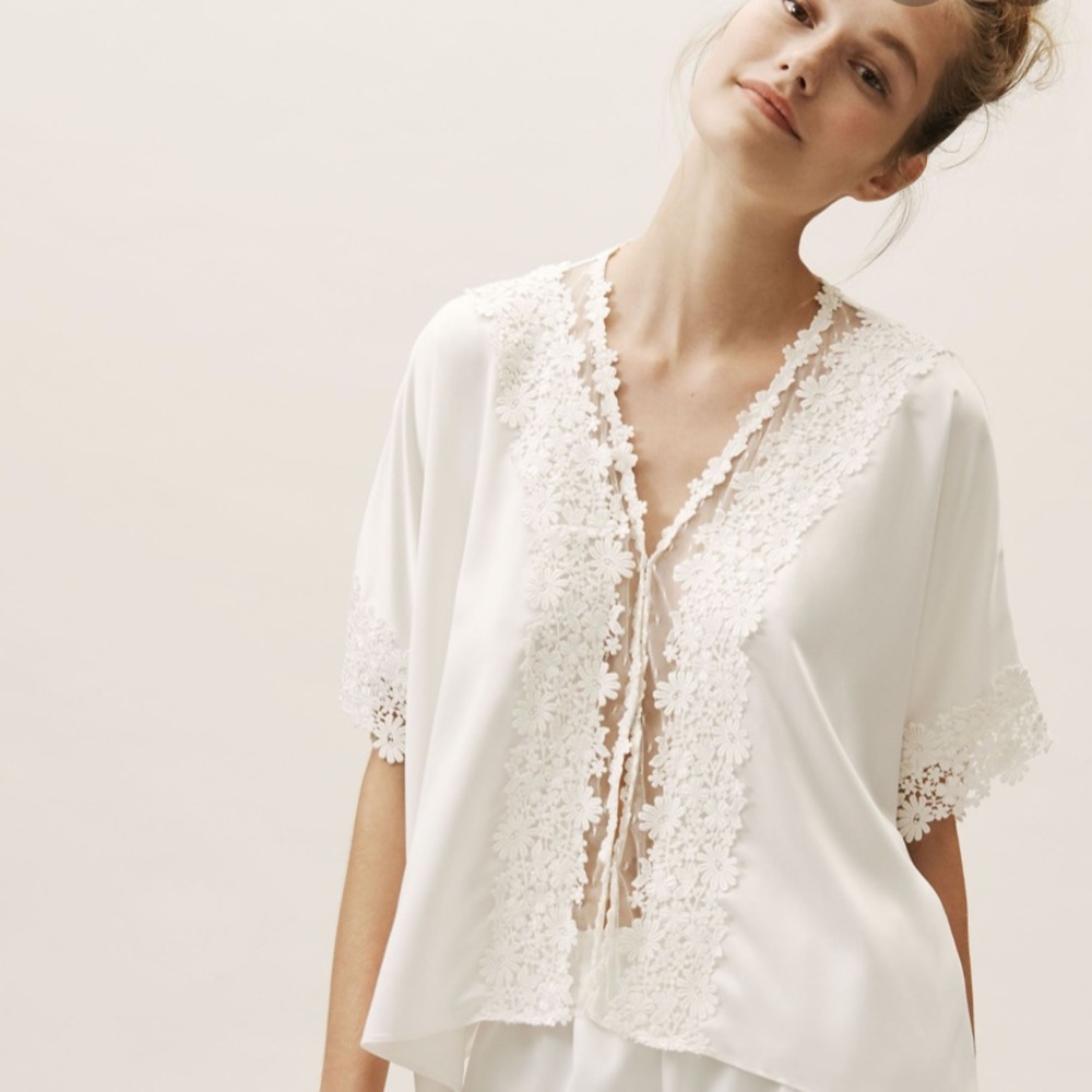 BHLDN Ivory Floral Lace-Trim Satin Robe Set